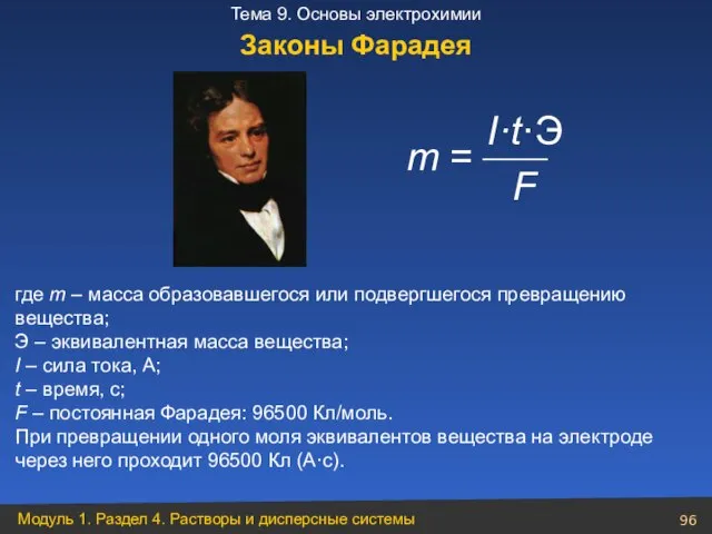 m = I·t·Э F где m – масса образовавшегося или подвергшегося