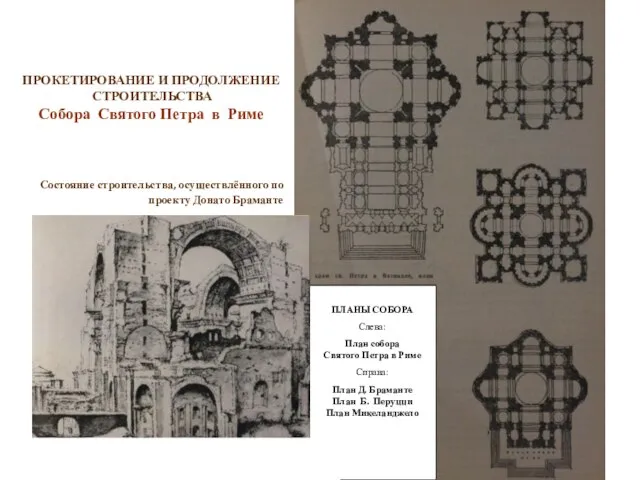ЛЛЛЛЛ Состояние строительства, осуществлённого по проекту Донато Браманте ПЛАНЫ СОБОРА Слева: