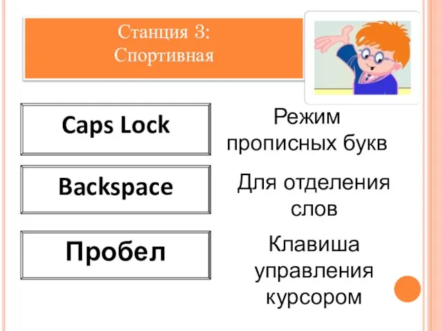 Станция 3: Спортивная Caps Lock Backspace Пробел Режим прописных букв Для отделения слов Клавиша управления курсором