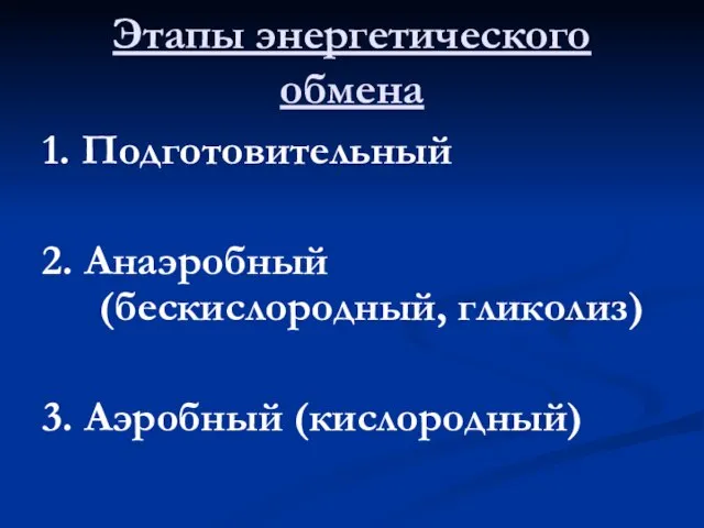 Этапы энергетического обмена 1. Подготовительный 2. Анаэробный (бескислородный, гликолиз) 3. Аэробный (кислородный)