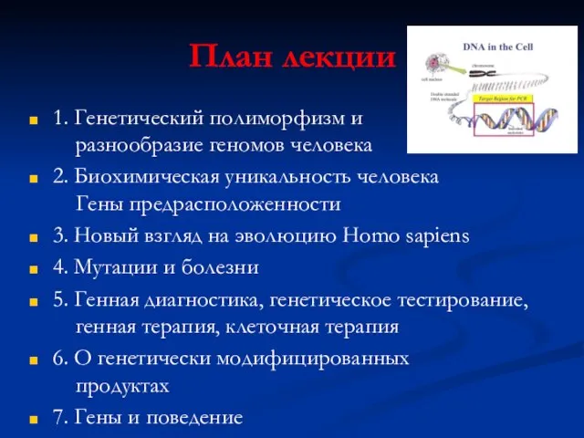 План лекции 1. Генетический полиморфизм и разнообразие геномов человека 2. Биохимическая