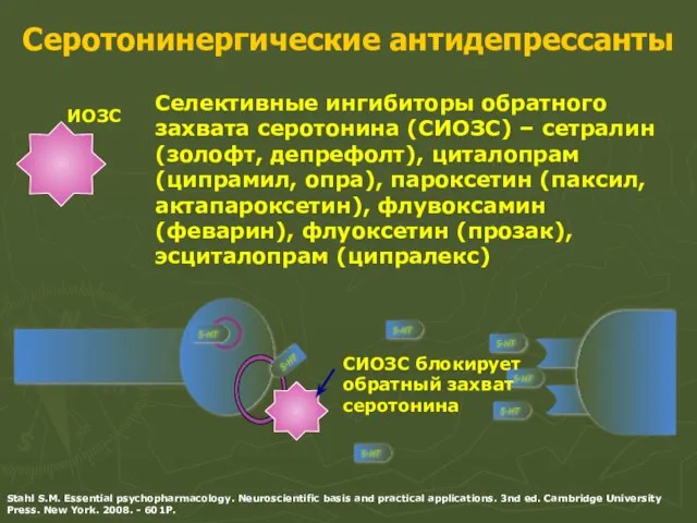 Серотонинергические антидепрессанты Селективные ингибиторы обратного захвата серотонина (СИОЗС) – сетралин (золофт,