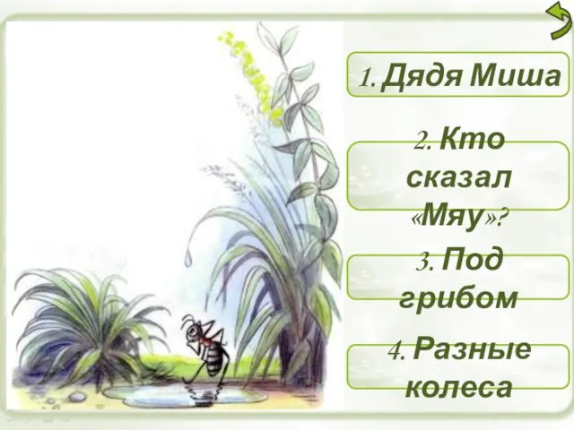 1. Дядя Миша 2. Кто сказал «Мяу»? 3. Под грибом 4. Разные колеса