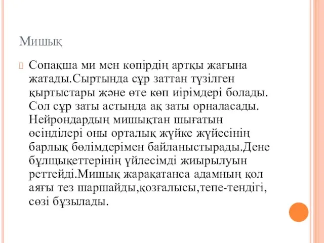 Мишық Сопақша ми мен көпірдің артқы жағына жатады.Сыртында сұр заттан түзілген