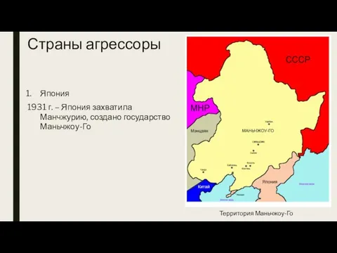 Страны агрессоры Япония 1931 г. – Япония захватила Манчжурию, создано государство Маньчжоу-Го Территория Маньчжоу-Го