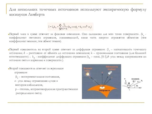 Для нескольких точечных источников используют эмпирическую формулу косинусов Ламберта Первый член