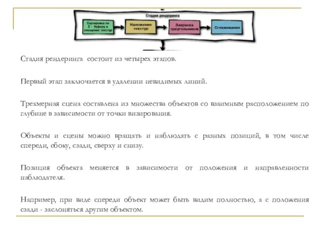 Стадия рендеринга состоит из четырех этапов. Первый этап заключается в удалении