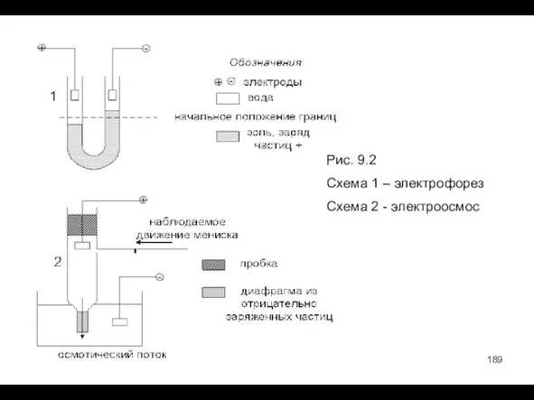 Рис. 9.2 Схема 1 – электрофорез Схема 2 - электроосмос