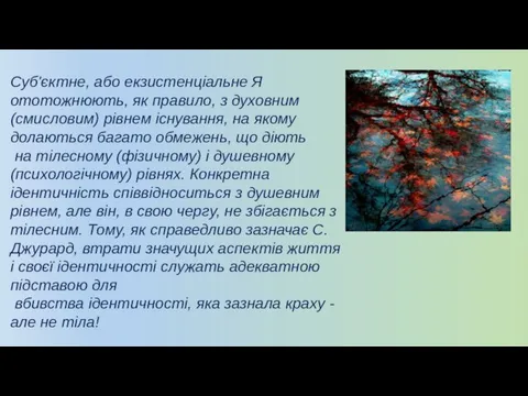 Суб'єктне, або екзистенціальне Я ототожнюють, як правило, з духовним (смисловим) рівнем