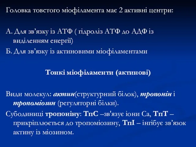 Головка товстого міофіламента має 2 активні центри: А. Для зв’язку із