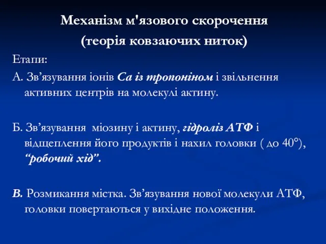 Механізм м'язового скорочення (теорія ковзаючих ниток) Етапи: А. Зв’язування іонів Са