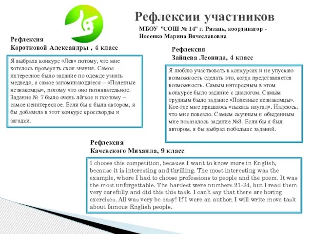 Рефлексии участников МБОУ "СОШ № 14" г. Рязань, координатор - Носенко