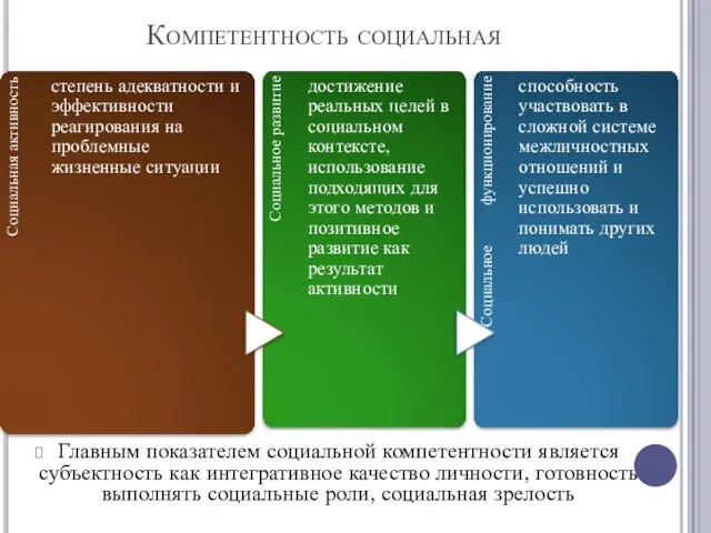 Компетентность социальная Главным показателем социальной компетентности является субъектность как интегративное качество