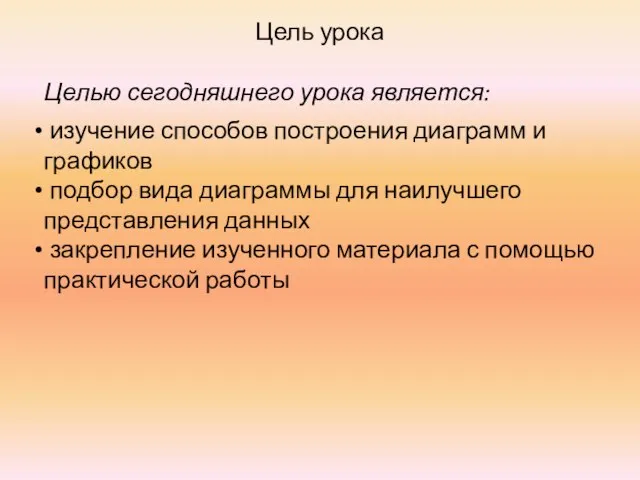 Цель урока Целью сегодняшнего урока является: изучение способов построения диаграмм и