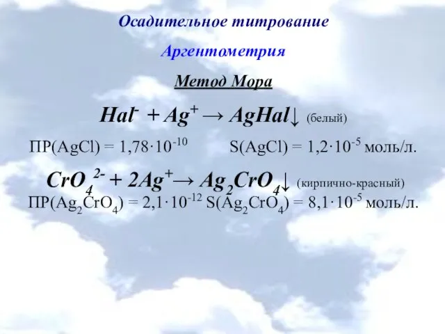 Осадительное титрование Аргентометрия Метод Мора Hal- + Ag+ → AgHal↓ (белый)