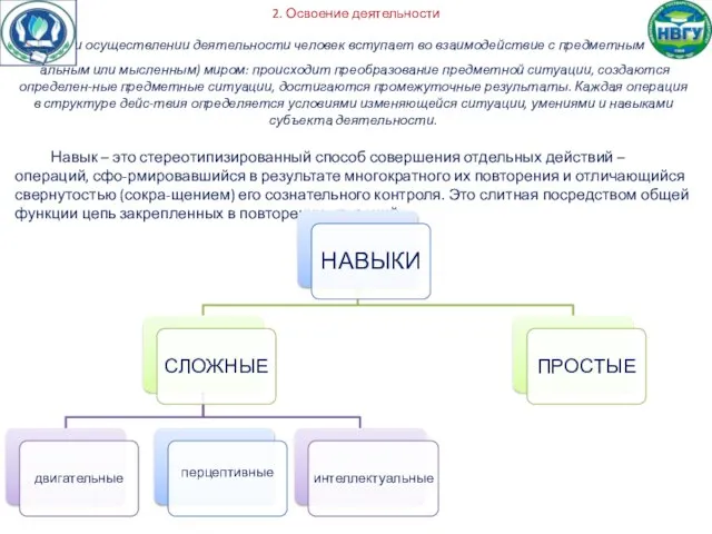 2. Освоение деятельности При осуществлении деятельности человек вступает во взаимодействие с