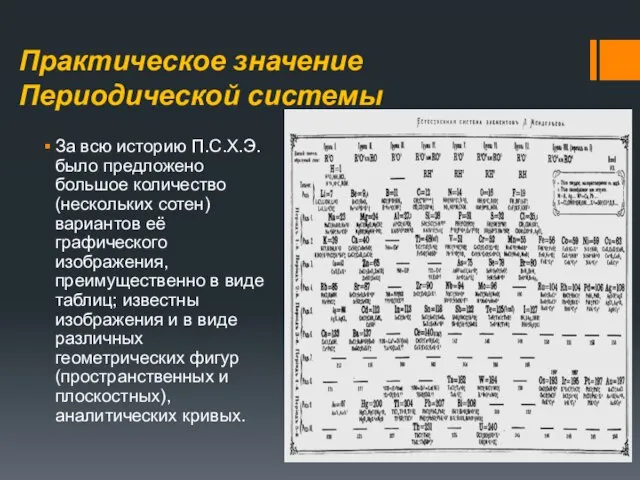 Практическое значение Периодической системы За всю историю П.С.Х.Э. было предложено большое