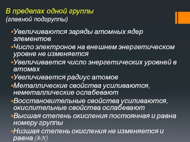 В пределах одной группы (главной подгруппы) Увеличиваются заряды атомных ядер элементов