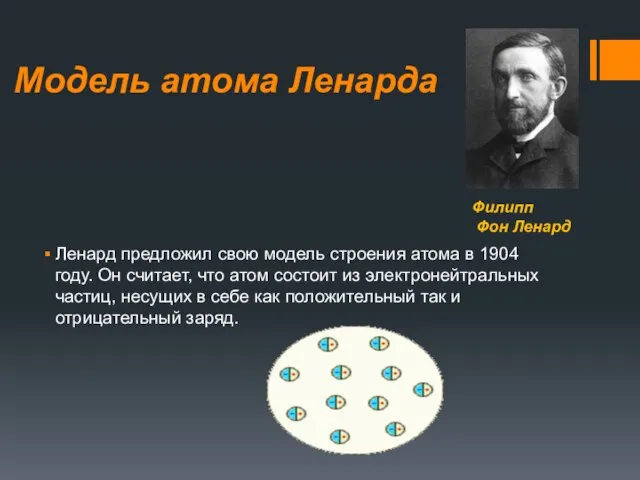 Модель атома Ленарда Ленард предложил свою модель строения атома в 1904