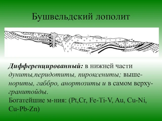 Бушвельдский лополит Дифференцированный: в нижней части дуниты,перидотиты, пироксениты; выше-нориты, габбро, анортозиты