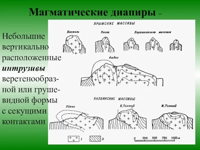 Небольшие вертикально расположенные интрузивы веретенообраз-ной или груше-видной формы с секущими контактами Магматические диапиры –