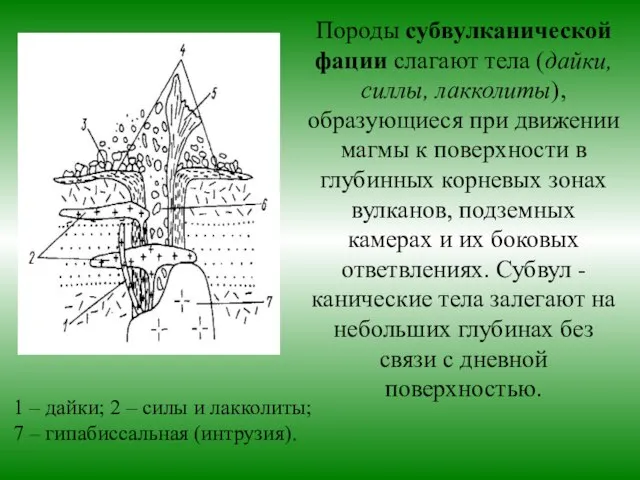 Породы субвулканической фации слагают тела (дайки,силлы, лакколиты), образующиеся при движении магмы