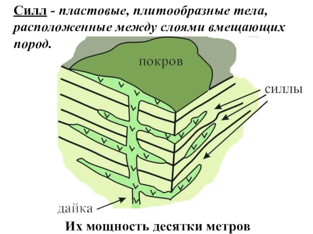 Силл - пластовые, плитообразные тела, расположенные между слоями вмещающих пород. Их мощность десятки метров