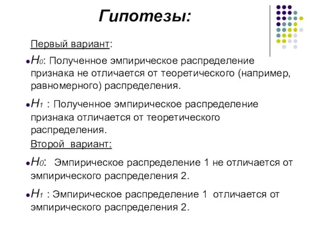 Гипотезы: Первый вариант: H0: Полученное эмпирическое распределение признака не отличается от