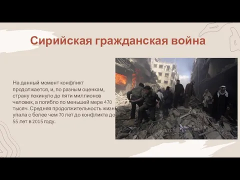 Сирийская гражданская война На данный момент конфликт продолжается, и, по разным