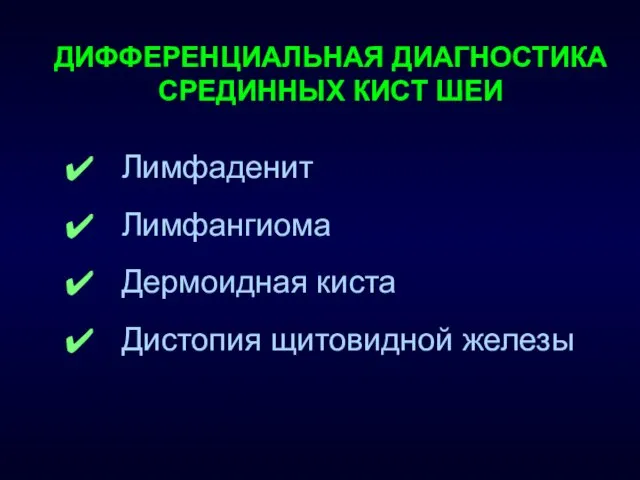 ДИФФЕРЕНЦИАЛЬНАЯ ДИАГНОСТИКА СРЕДИННЫХ КИСТ ШЕИ Лимфаденит Лимфангиома Дермоидная киста Дистопия щитовидной железы