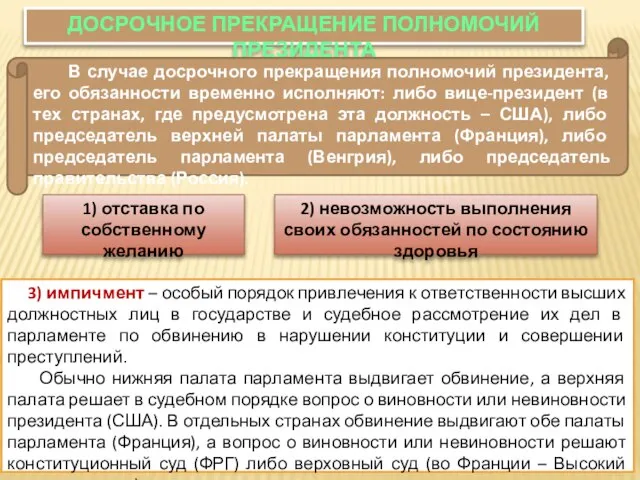 ДОСРОЧНОЕ ПРЕКРАЩЕНИЕ ПОЛНОМОЧИЙ ПРЕЗИДЕНТА 3) импичмент – особый порядок привлечения к