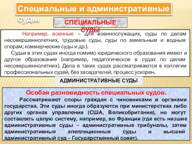 Специальные и административные суды Например, военные – для военнослужащих, суды по