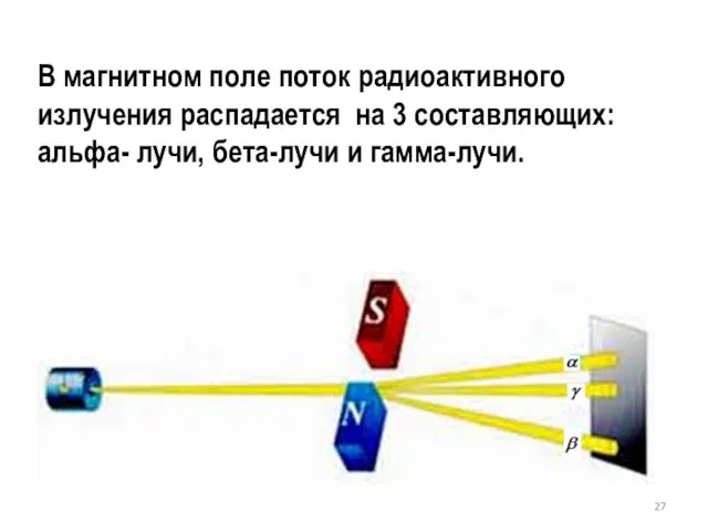 В магнитном поле поток радиоактивного излучения распадается на 3 составляющих: альфа- лучи, бета-лучи и гамма-лучи.