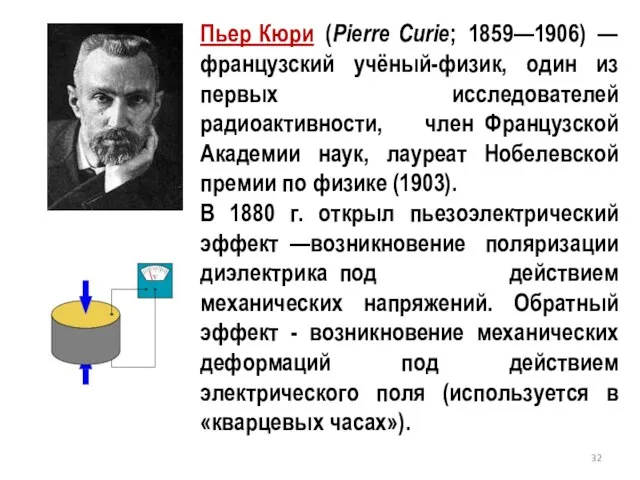 Пьер Кюри (Pierre Curie; 1859—1906) — французский учёный-физик, один из первых