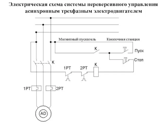 Электрическая схема системы нереверсивного управления асинхронным трехфазным электродвигателем