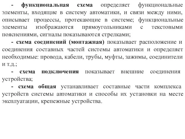 - функциональная схема определяет функциональные элементы, входящие в систему автоматики, и