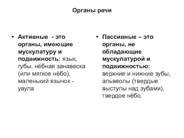 Органы речи Активные - это органы, имеющие мускулатуру и подвижность: язык,