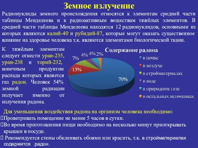 Земное излучение Радионуклиды земного происхождения относятся к элементам средней части таблицы