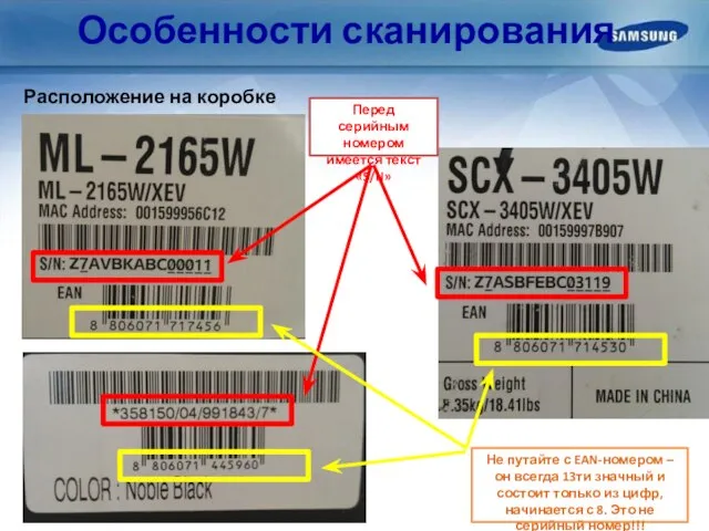 Особенности сканирования Расположение на коробке Перед серийным номером имеется текст «S/N»