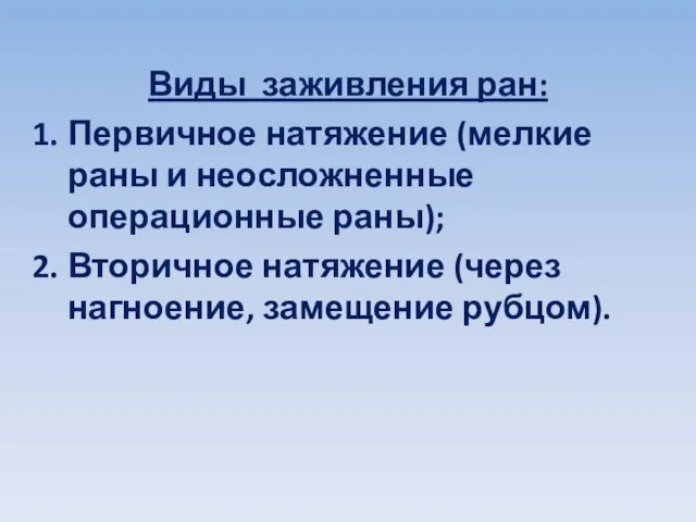 Виды заживления ран: Первичное натяжение (мелкие раны и неосложненные операционные раны);