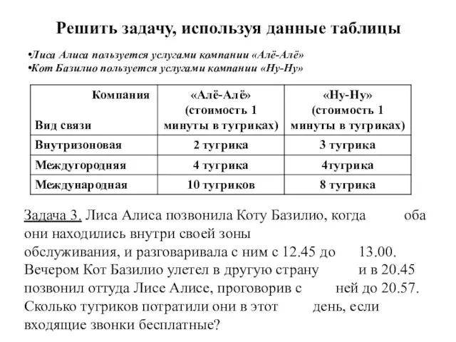 Решить задачу, используя данные таблицы Задача 3. Лиса Алиса позвонила Коту