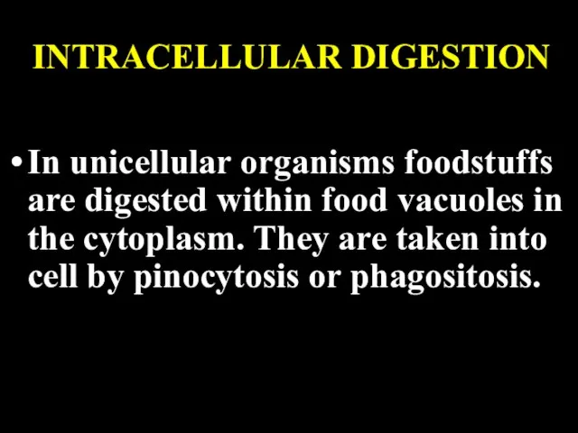 INTRACELLULAR DIGESTION In unicellular organisms foodstuffs are digested within food vacuoles