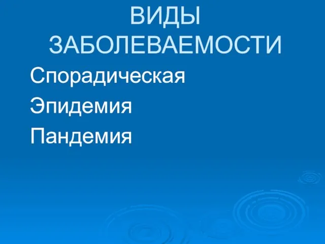 ВИДЫ ЗАБОЛЕВАЕМОСТИ Спорадическая Эпидемия Пандемия