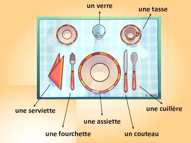 une assiette un couteau une cuillère un verre une fourchette une serviette une tasse