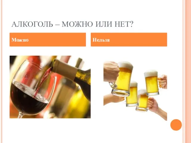 АЛКОГОЛЬ – МОЖНО ИЛИ НЕТ? Можно Нельзя