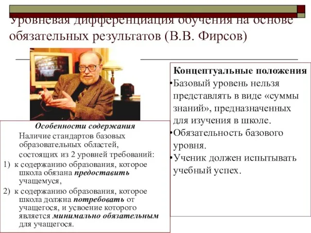 Уровневая дифференциация обучения на основе обязательных результатов (В.В. Фирсов) Особенности содержания