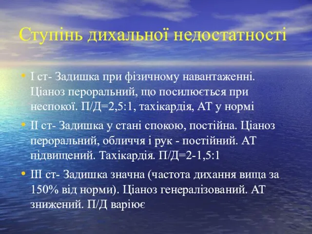 Ступінь дихальної недостатності І ст- Задишка при фізичному навантаженні. Ціаноз пероральний,