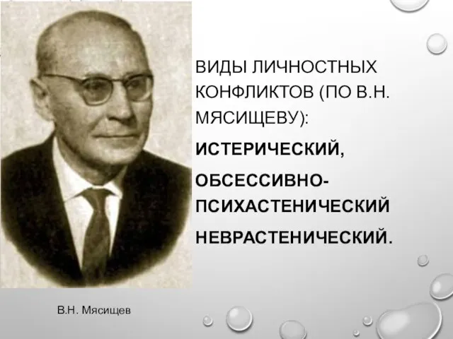 ВИДЫ ЛИЧНОСТНЫХ КОНФЛИКТОВ (ПО В.Н. МЯСИЩЕВУ): ИСТЕРИЧЕСКИЙ, ОБСЕССИВНО-ПСИХАСТЕНИЧЕСКИЙ НЕВРАСТЕНИЧЕСКИЙ. В.Н. Мясищев