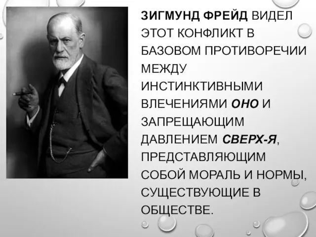 ЗИГМУНД ФРЕЙД ВИДЕЛ ЭТОТ КОНФЛИКТ В БАЗОВОМ ПРОТИВОРЕЧИИ МЕЖДУ ИНСТИНКТИВНЫМИ ВЛЕЧЕНИЯМИ