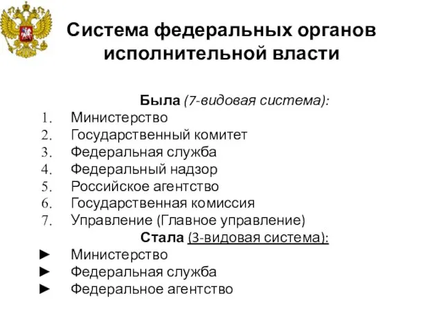 Система федеральных органов исполнительной власти Была (7-видовая система): Министерство Государственный комитет